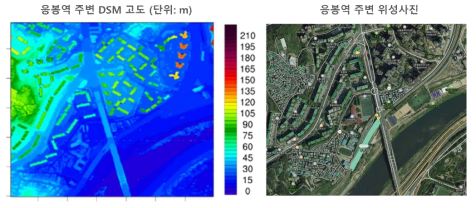 응봉역 주변 수치표면모델(DSM) 고도 (단위: m) 및 위성사진