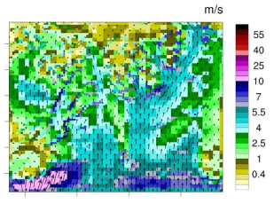 응봉역 주변 전산유체역학(CFD) 바람장 모의 결과 (유입류: 남풍 5m/s) (단위: m/s)