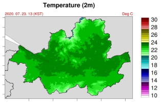 30m 해상도로 상세화한 LDPS 예측장 (2020년 7월 23일 13시)