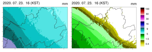 서울시 30m 해상도 강수 분석장 (좌) 및 LDPS 예측장 (우) (2020년 7월 23일 16시)