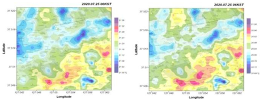 강남구 2km x 2km 지역의 고해상도 기온장 (2020년 07월 25일 00KST, 06KST)