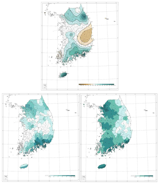 1981년부터 2010년 자료를 통한 한반도 연강수량, 연강우강도, 연최다 1시간 강수