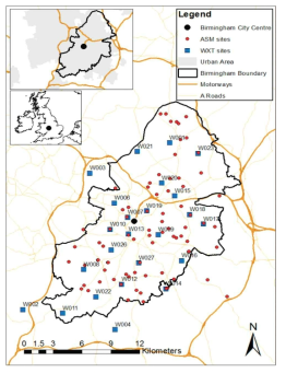 영국 버밍엄에서 사용된 기상 관측 지점. 복사 관측 지점(WXT)은 파란 네모로 표시됨