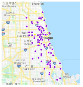 미국 시카고에서 사용된 기상관측 지점. 보라색 점은 현재 관측을 실시하고 있는 지점이고, 노란색 점은 관측 예정 지점을 나타냄