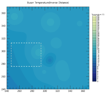 2019년 06월 12일 00시 00분 온도 내삽값. 하얀색 파선 영역은 분석 영역을 나타냄