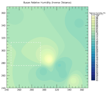 2019년 06월 12일 00시 00분 습도 내삽값. 하얀색 파선 영역은 분석 영역을 나타냄