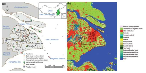 상하이의 관측망(좌) 및 토지이용(우) (출처: Tan et al., 2015)