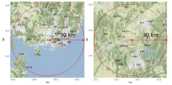 부산 에코델타시티(좌)와 세종 5-1 생활권(우)의 가용관측망