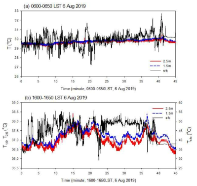 2019년 8월 6일 (a) 0600-0650 LST와 (b) 1600-1650 LST에 관측된 지표, 1.5 m, 2.5 m 기온의 시계열