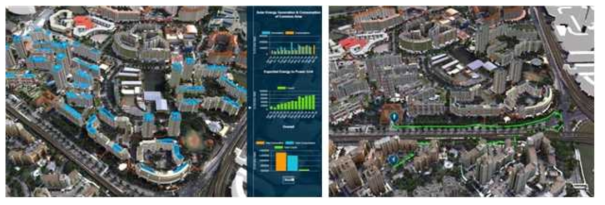 태양광 패널 설치 시뮬레이션(좌)과 길 안내 서비스(우) (출처: https://www.nrf.gov.sg)