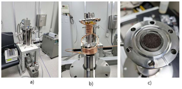 제품화가 가능하게 제작된 장비 (a), cold head에 감은 copper coil (b) 및 catalyst chamber