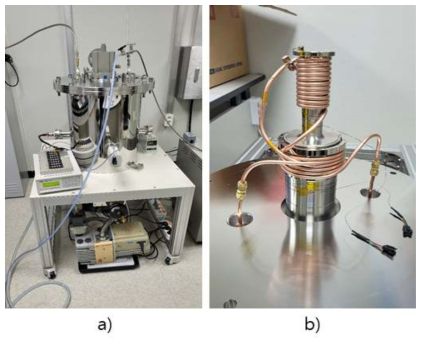 제작된 실험용 장비 (a) 및 cold head에 감은 copper coil (b)
