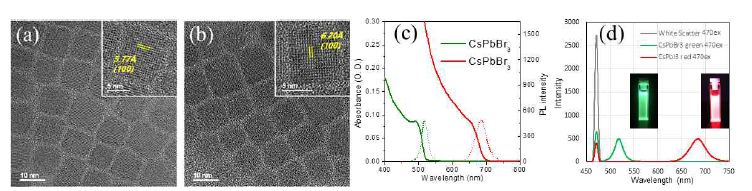 녹색 및 적색을 발광하는 (a) CsPbBr3 및 (b) CsPbI3 양자점 입자의 TEM 사진. 녹색 및 적색 양자점 입자 용액의 (c) 흡수스펙트럼 및 (d) 형광스펙트럼, 절대 양자 수율 측정