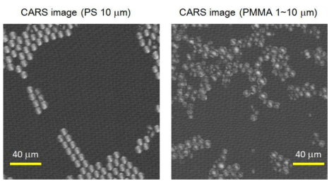 10μm PS (좌) 및 1~10μm PMMA (우)의 backward CARS 이미지