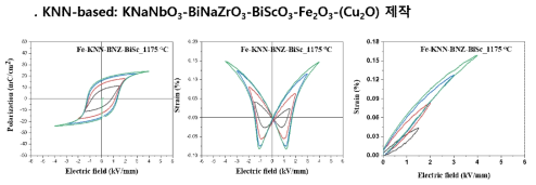 NaNbO3-BiNaZrO3-BiScO3-Fe2O3-(Cu2O) 압전 소재의 강유전 및 변형률 성능