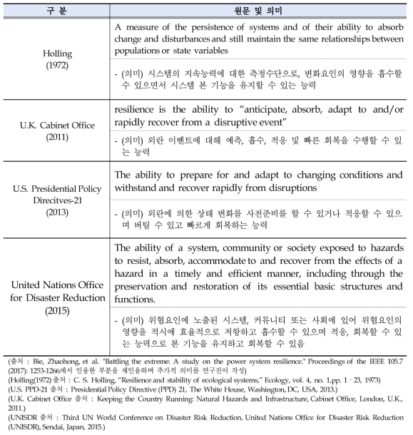 선행연구에서 검토한 Resilience 주요 정의 사례