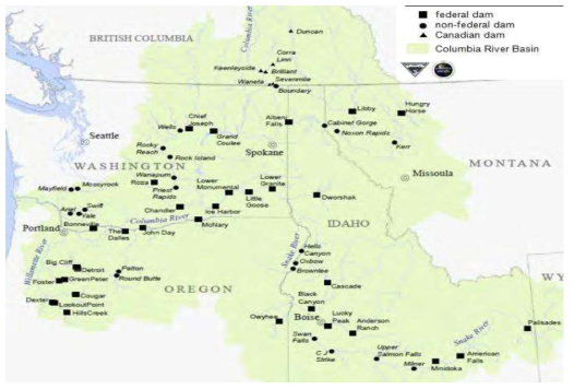 컬럼비아 강 분지 유역의 연방 및 비연방 댐 출처: EIA 2014