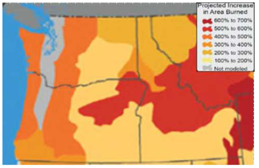 1950-2003 년에 비해 1°C 온난화로 인한 지역 온도 및 강수량 변화로 인한 연소 면적 증가 출처: USGCRP 2014