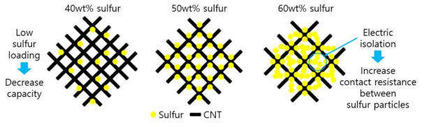탄소나노튜브의 비표면적에 따른 담지되는 황의 예상 임계치 양