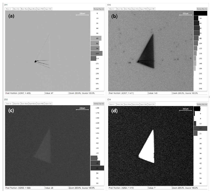 Triangular defect의 PL 분석 이미지 (a) 표면 반사 이미지 (channel 1), (b) SiC band edge emission (channel 2), (c) 420-440nm 영역 (channel 3), (d) 540nm 영역 (channel 4)