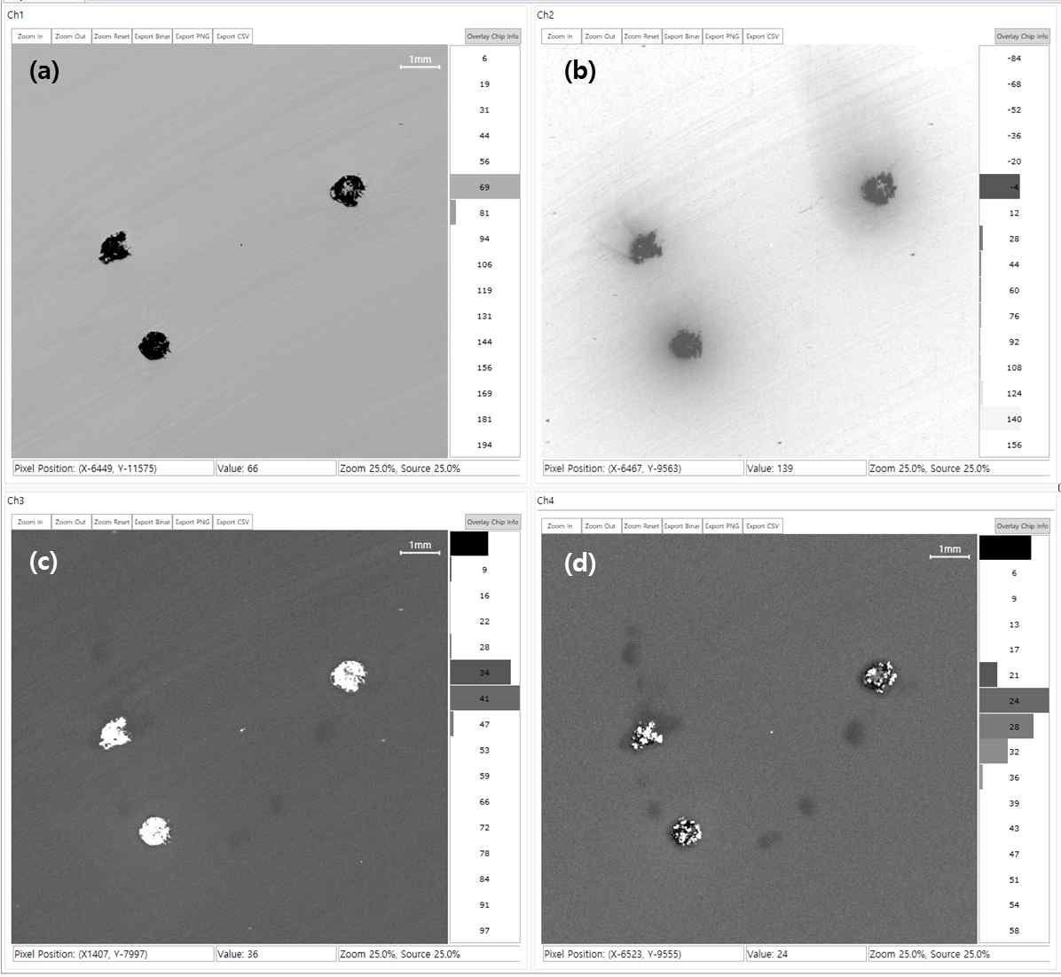 Carbon inclusion의 PL 분석 이미지 (a) 표면 반사 이미지 (channel 1), (b) SiC band edge emission (channel 2), (c) 420-440nm 영역 (channel 3), (d) 540nm 영역 (channel 4)