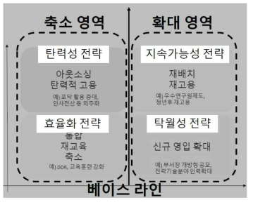 인력운영 범주 전략과 축소영역, 확대영역 ※ 현 인력규모인 베이스라인을 중심으로 확대전략과 축소전략의 적절한 조합을 통해 효과적인 인력운영 전략과 과제도출이 가능함