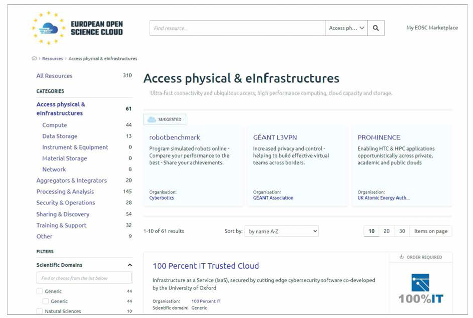 European Open Science Cloud 화면 캡쳐 이미지 ※ 출처 ： https：//marketplace.eosc-portal.eu/services/c/access-physical-einfrastructures