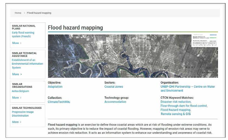 ClimateTechWiki 내 홍수위험지도 기술 설명 화면 ※ 출처 ： https://www.ctc-n.org/technologies/flood-hazard-mapping