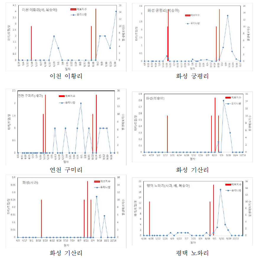 2019년 복숭아유리나방 발생예보와 실제 발생 비교