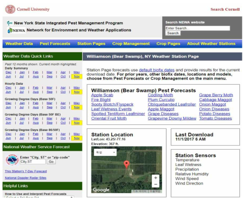 Cornell 대학교 기상 및 병해충 예측정보 서비스