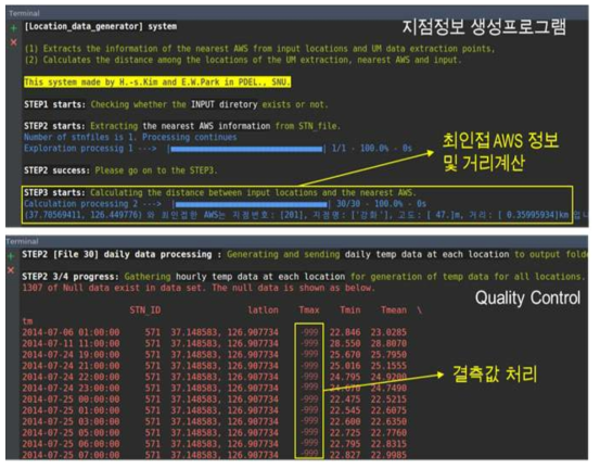 U2ES 구동 중 지점 정보 생성 프로그램과 Quality control 화면