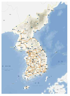앙상블 자료 수집 지점 분포 (북한 27, 남한 45, 총 72지점)