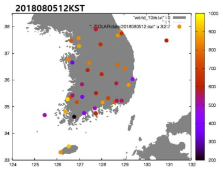 한반도 일사관측 위치와 2018년 8월 5일 12KST의 일사량(W/m2)