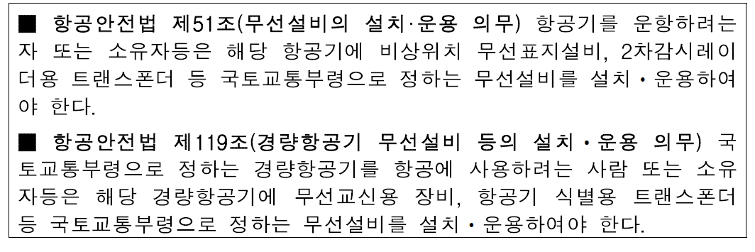 항공안전법 제51조(무선설비의 설치·운용 의무) 및 제119조(경량항공 기 무선설비 등의 설치·운용 의무)