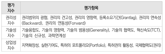 특허 평가지수와 항목