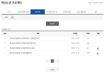 혁신도전 프로젝트 공지사항 화면