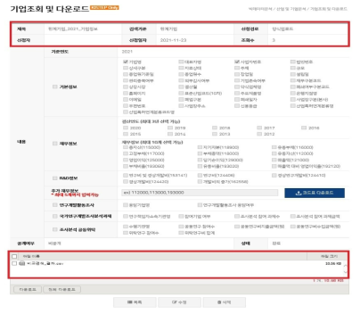 기업정보 한계기업 비교검색 결과 화면