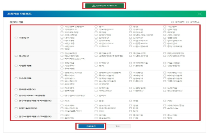 예산정보 항목별 조회 다운로드 화면