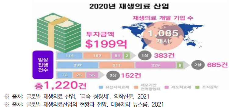 2020년 재생의료 분야 기업 및 투자, 임상 현황(한국바이오협회, 2021)