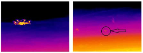 FUR社 적외선 카메라로 탐지한 드론 (왼쪽)10m, (오른쪽)70m