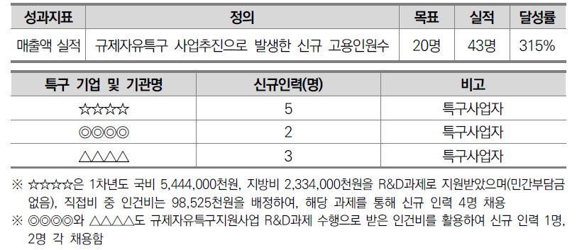 〇〇특구 사업으로 인한 신규 고용 실적 및 인력 현황(발췌 정리)