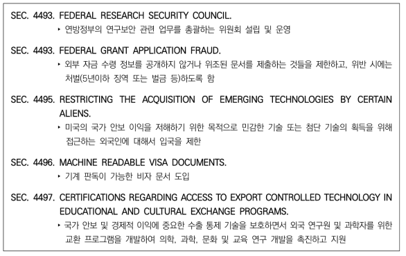 “Homeland security and governmental affairs committee provisions” 내 “미국 혁신 보호” 관련 주요 내용