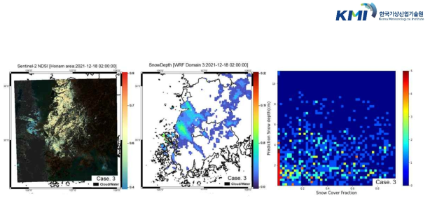 3번 사례 기간에서 관측된 NDSI와 LAMP WRF의 예측 적설 분포도