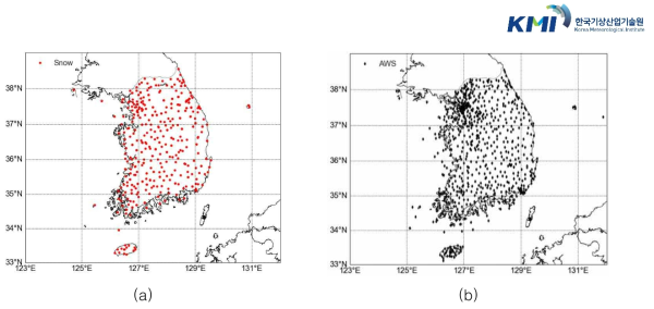 기상청 적설관측지점 분포와 AWS 분포 비교 (a) 기상청 적설 관측 지점 분포 (b) 기상청 AWS 분포