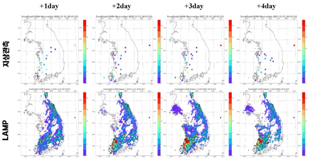 1번 사례 기간에서 관측된 지상 적설과 LAMP WRF의 예측 적설 분포도