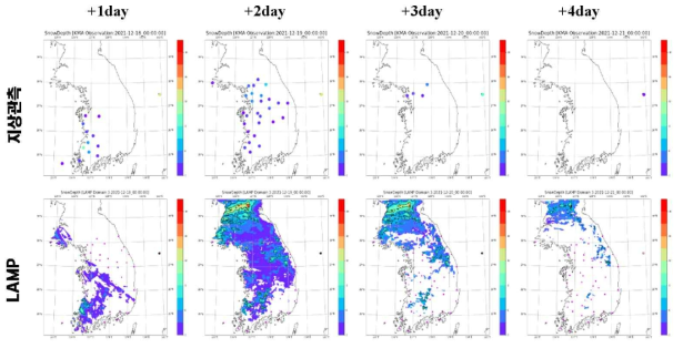 3번 사례 기간에서 관측된 지상 적설과 LAMP WRF의 예측 적설 분포도