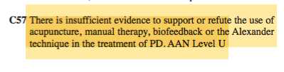 침치료 등 대체의학의 치료에 대한 근거평가, Canadian Guidelines on Parkinson’s Disease에서