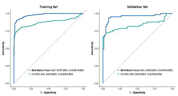 다중마커패널의 ROC 분석 결과 (훈련 세트, 검증 세트)