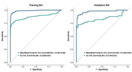 다중마커패널 + CA 19-9 의 ROC 분석 결과 (훈련 세트, 검증 세트)