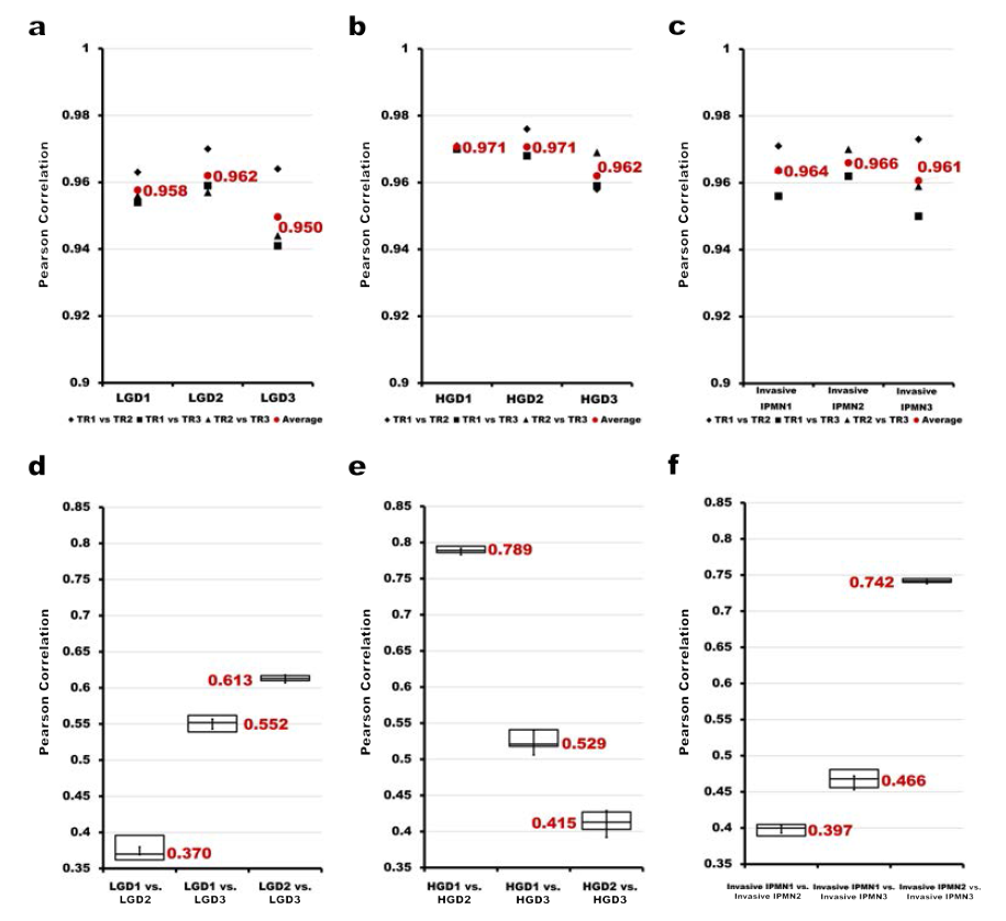 LGD, HGD, Invasive IPMN 그룹 내 개별시료의 technical replicates 및 biological replicates 간 피어슨 상관계수에 대한 box plot